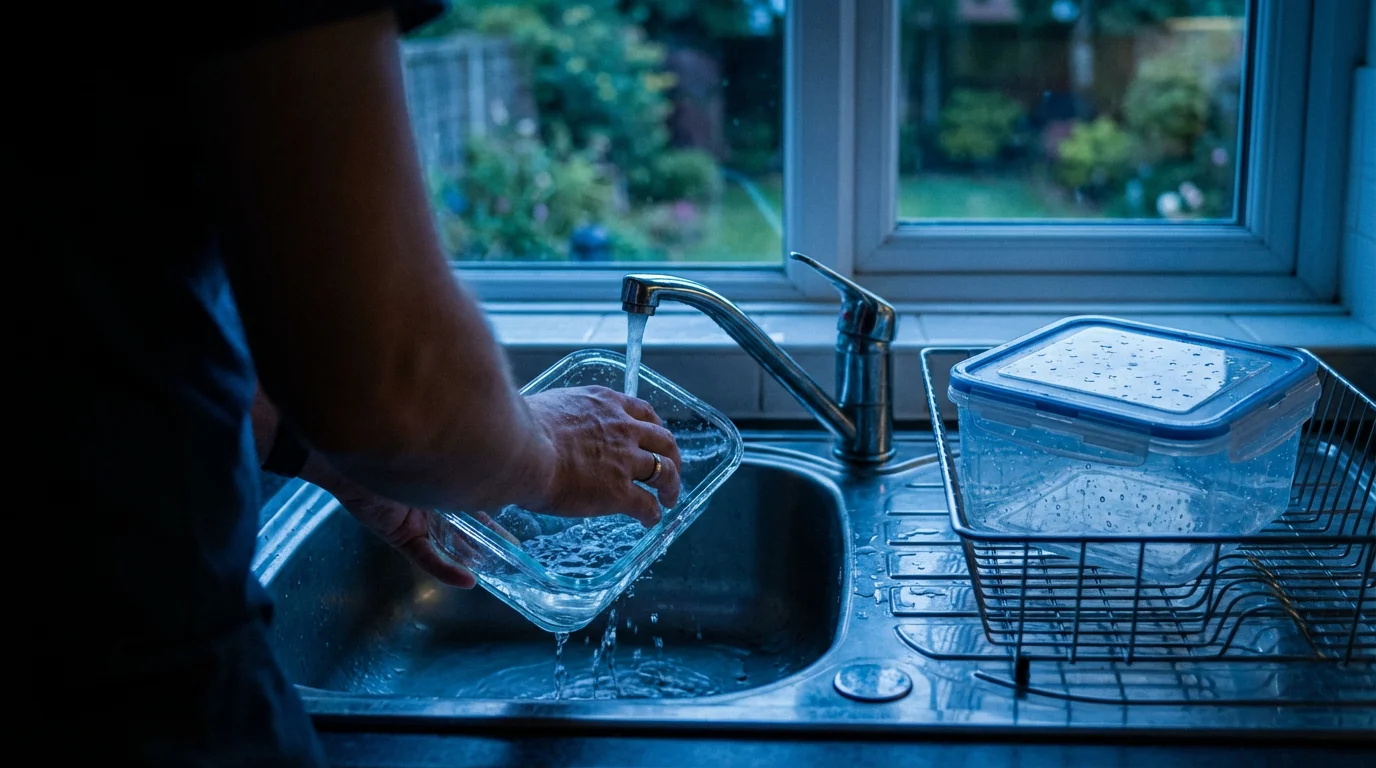 Over-the-shoulder view of hands washing glass and plastic food containers in a sink at twilight.