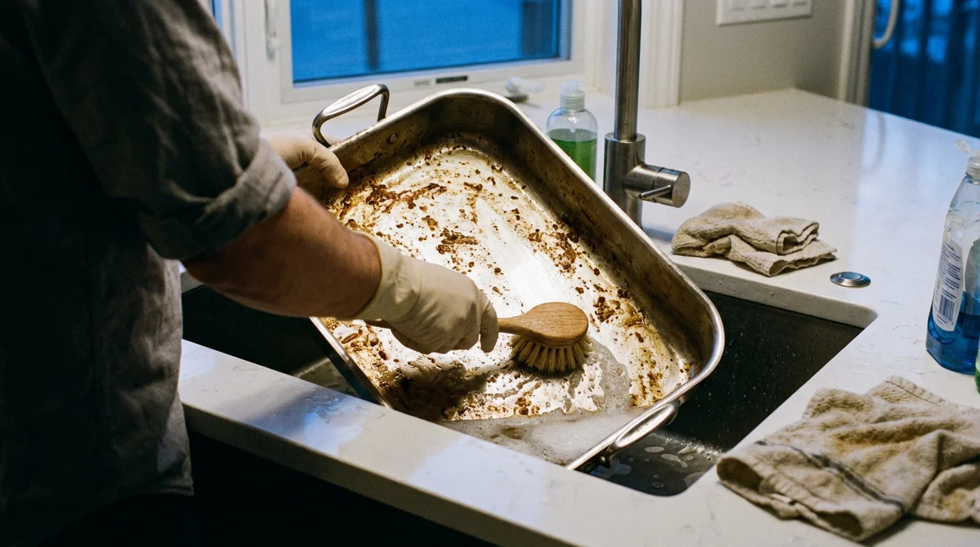 Over-the-shoulder view of hands washing a stainless steel roasting pan in a modern sink.