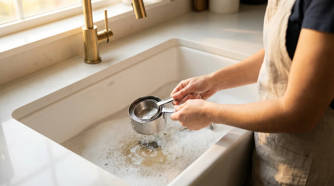 Over-the-shoulder view of hands washing stainless steel measuring cups in a sunlit kitchen sink.