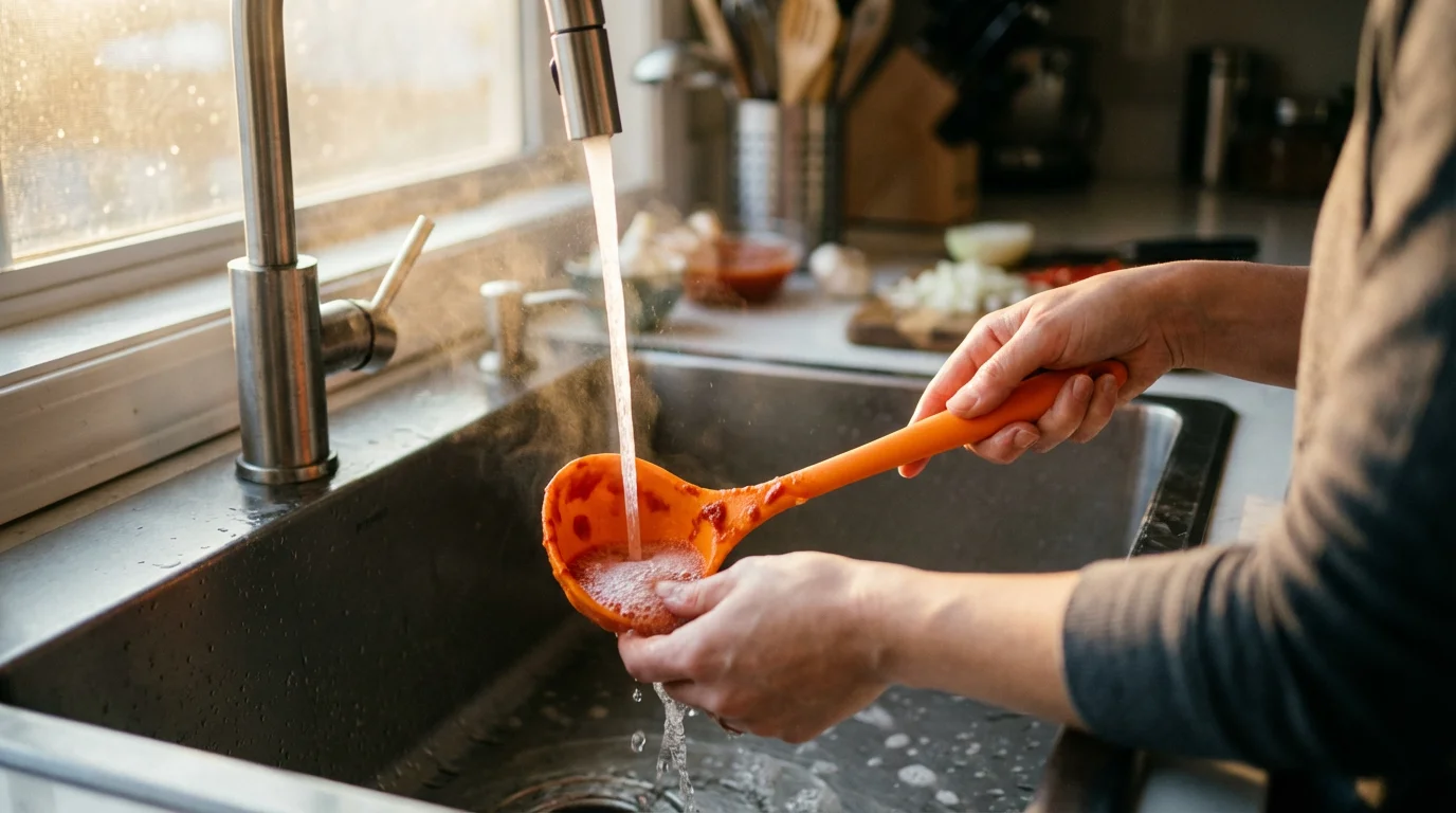 Over-the-shoulder view of hands washing an orange silicone ladle in a soapy kitchen sink.