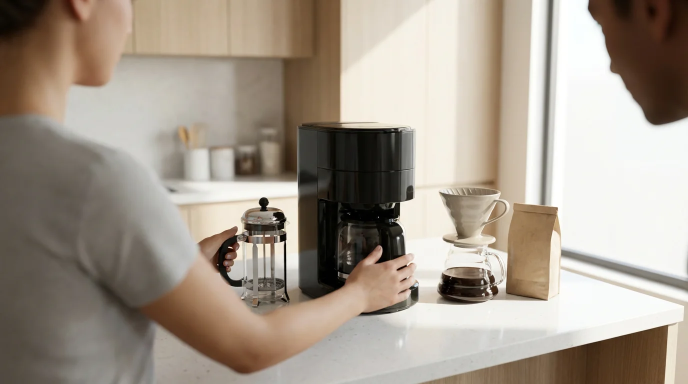 Over-the-shoulder view of various coffee makers—drip, French press, pour-over—on a bright kitchen counter.