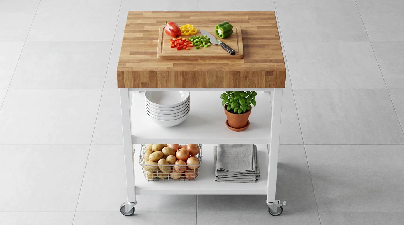 Overhead flat lay of a modern kitchen cart with fresh vegetables, bowls, and towels.