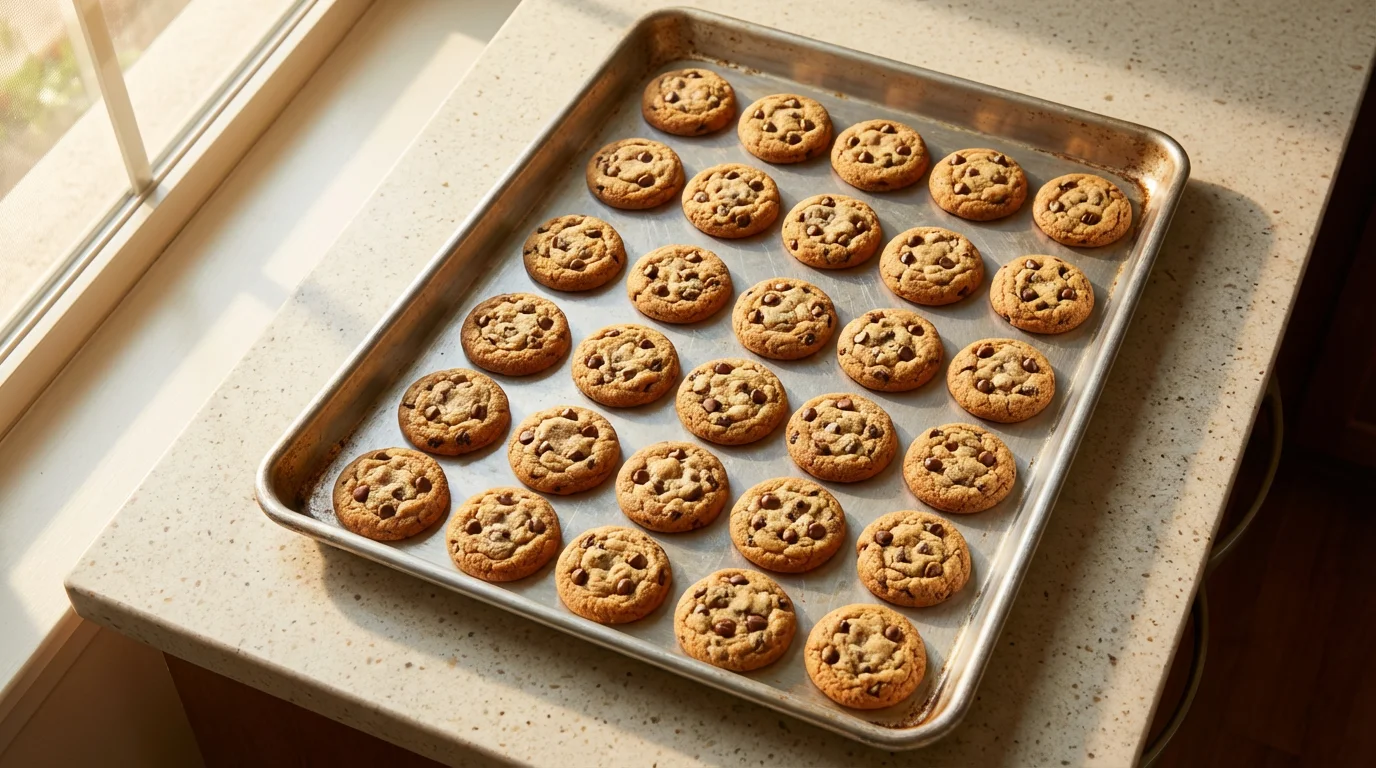 Overhead flat lay of evenly browned chocolate chip cookies on a baking sheet.