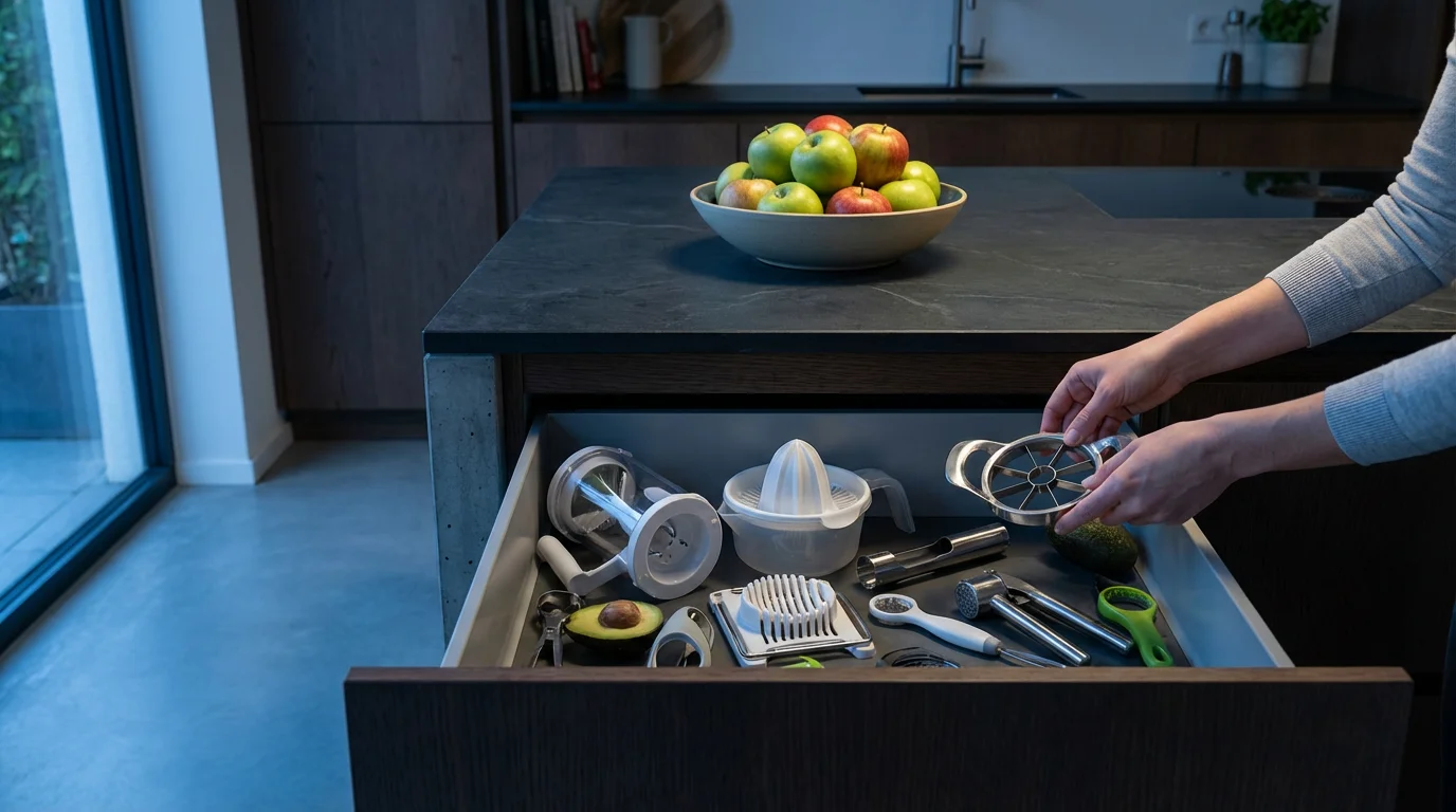 Person choosing an apple corer from a cluttered kitchen gadget drawer at dusk.
