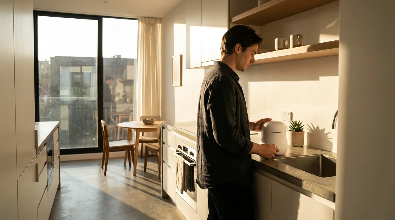 Person holding a compact white food processor in a small, modern kitchen with afternoon light.