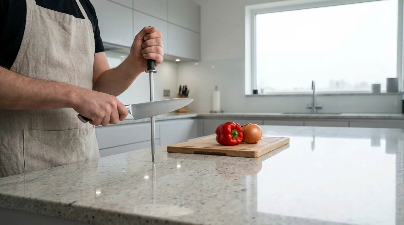 Person honing a chef's knife with a rod in a clean, modern kitchen.