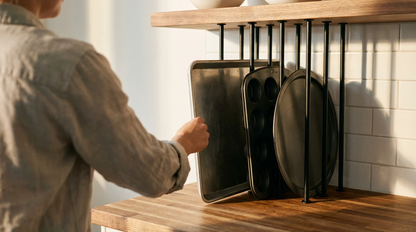 Person organizing bakeware vertically using tension rods on a kitchen counter during golden hour.
