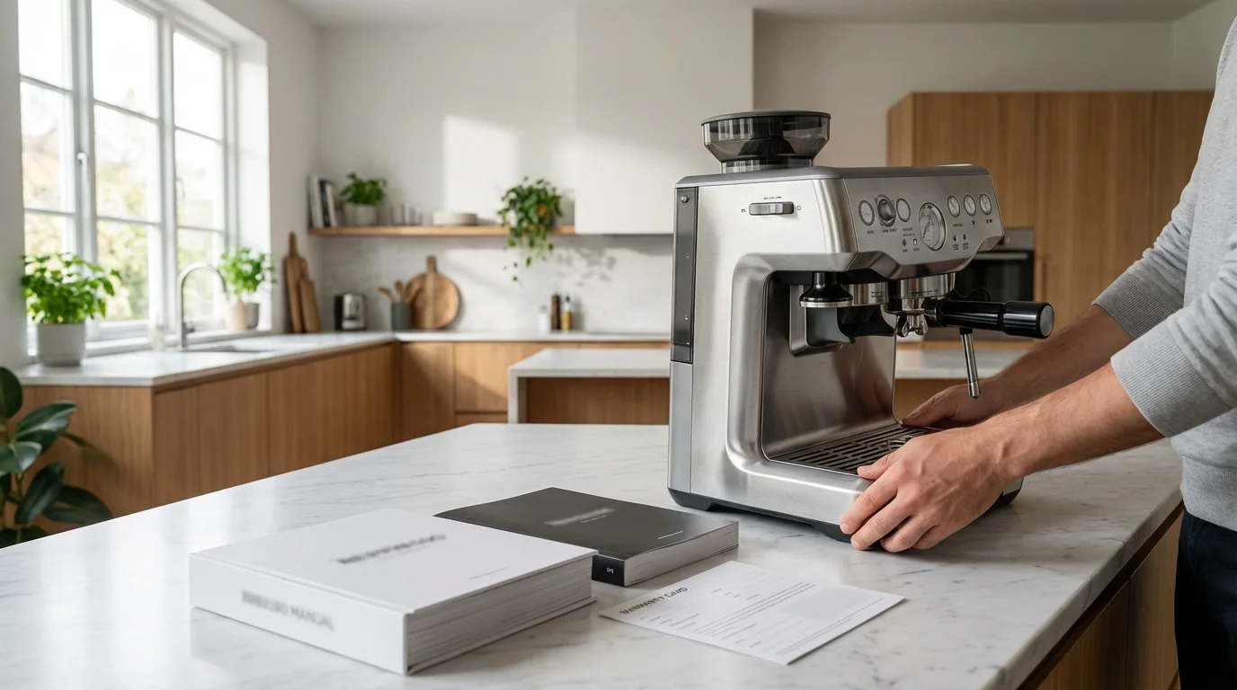 Person unboxing a new kitchen appliance with its warranty card on a modern counter.