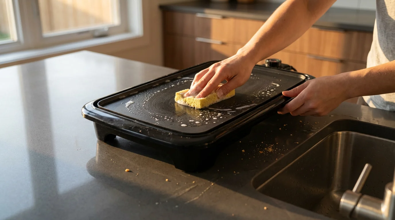 Person's hands cleaning a non-stick electric griddle with a sponge on a kitchen counter.