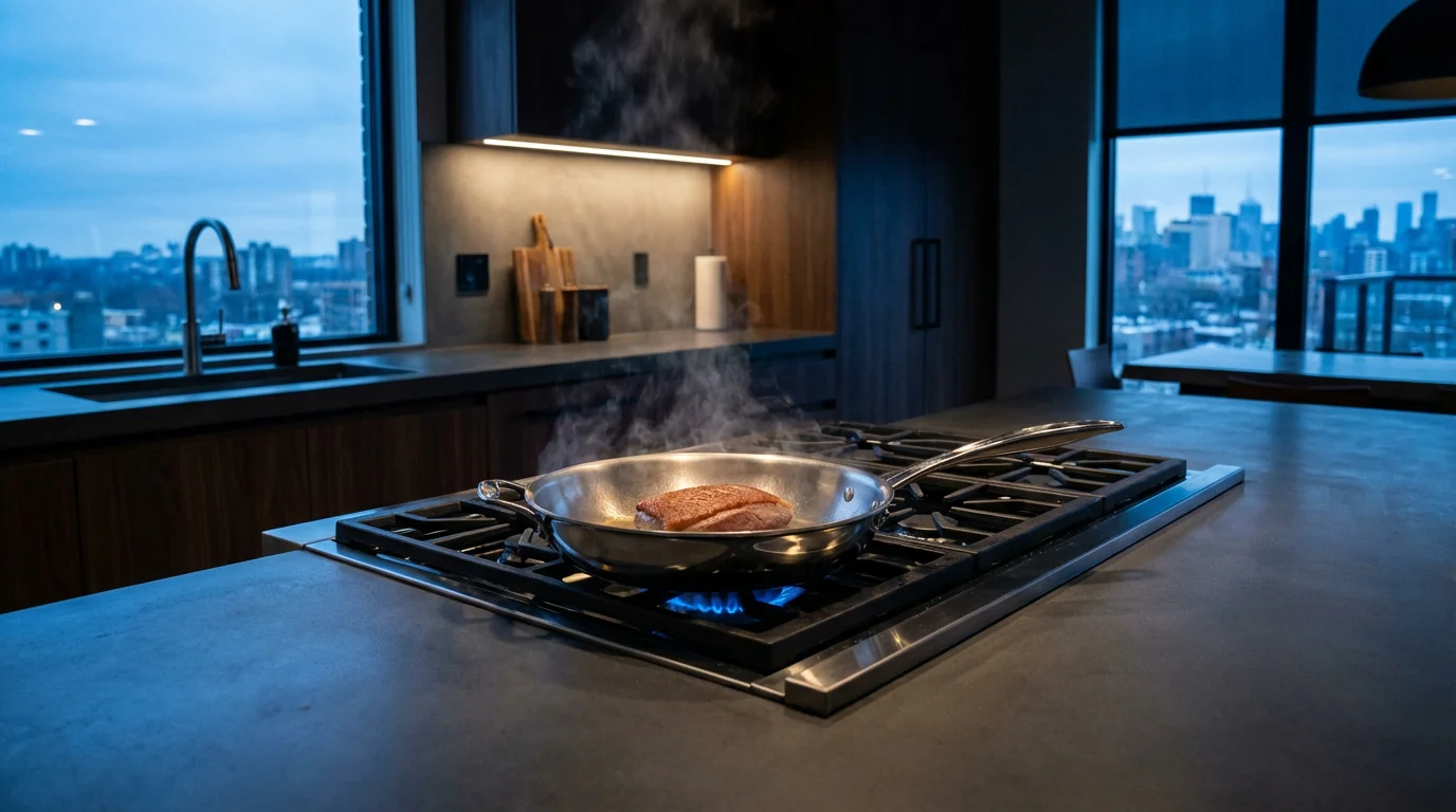 Polished stainless steel skillet searing food on a gas stove in a modern kitchen.