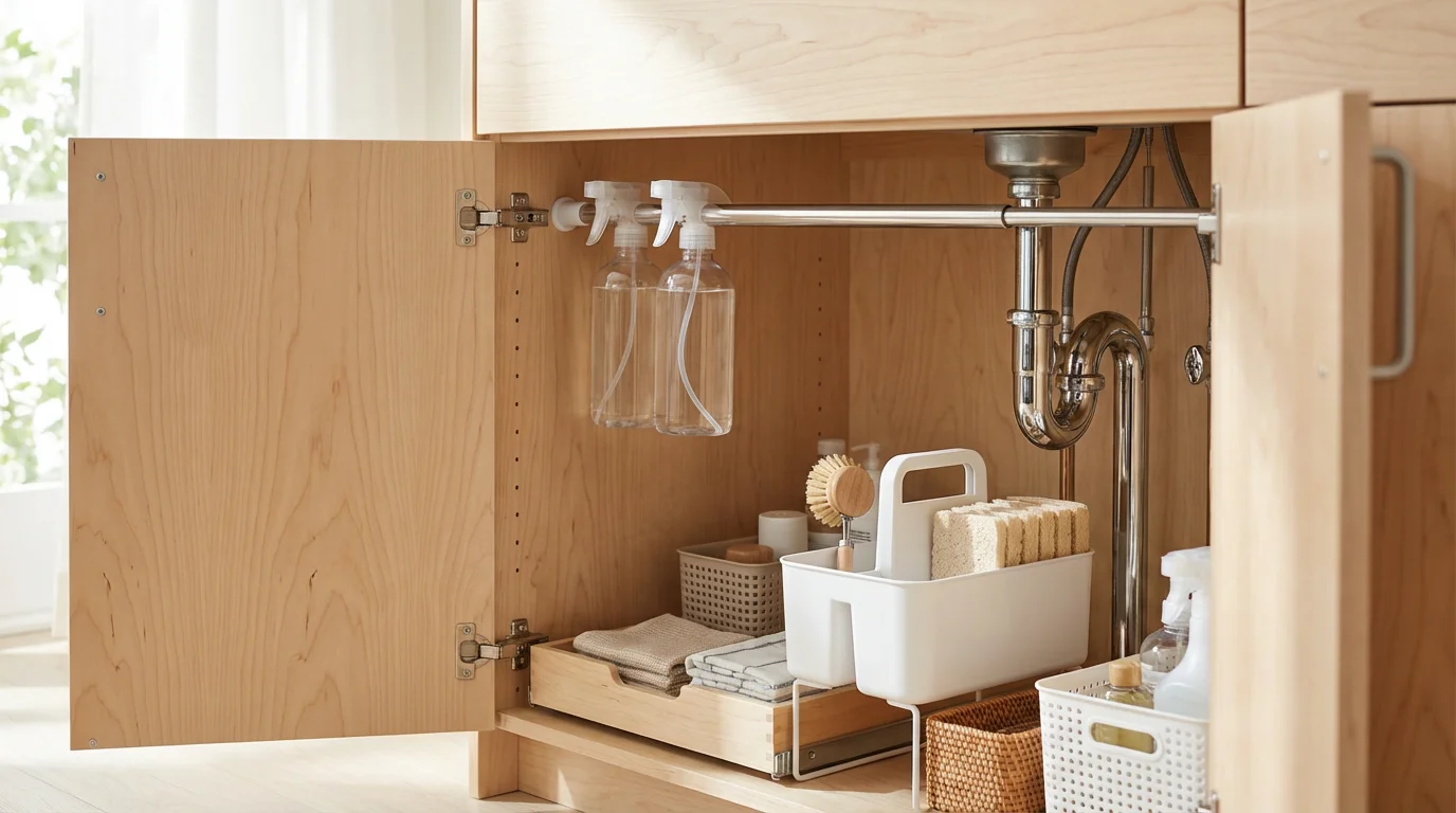 Renter-friendly under-sink organization using a tension rod to hang spray bottles above a caddy.