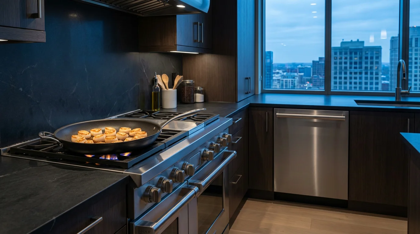 Sea scallops searing evenly in a non-stick skillet on a gas stove at dusk.