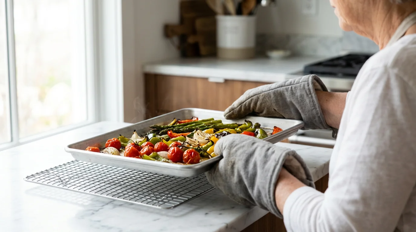 Senior's hands in oven mitts easily placing a lightweight baking sheet of vegetables down.