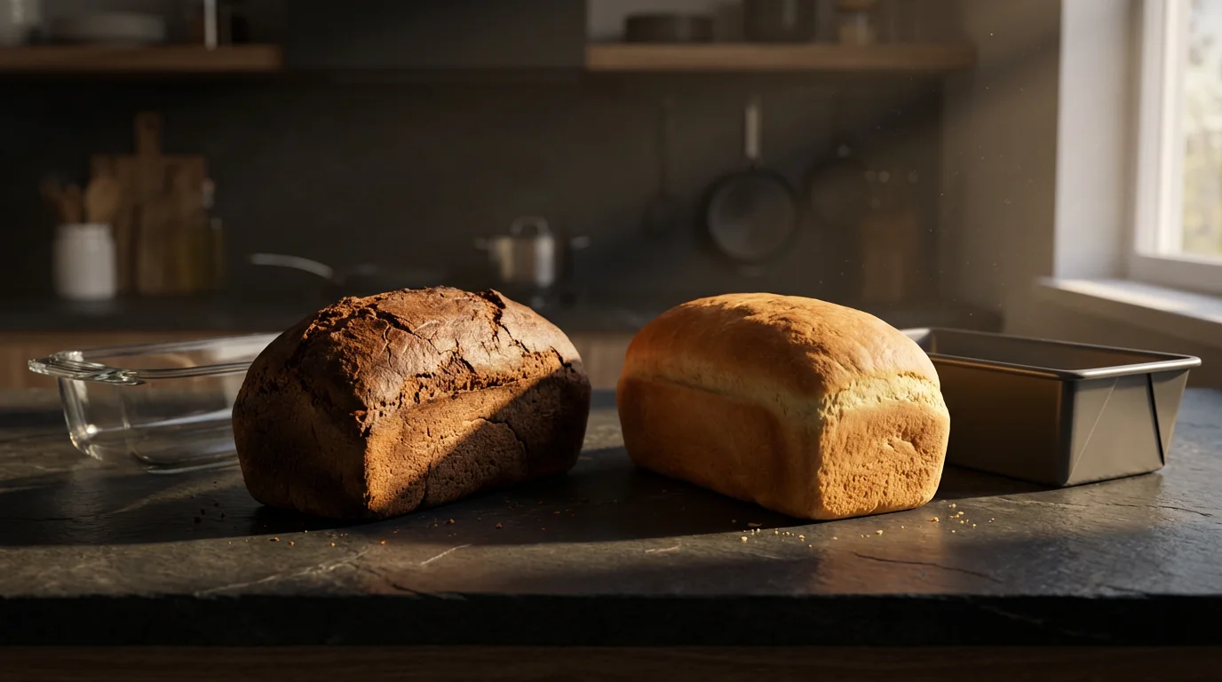 Side-by-side comparison of bread baked in a glass loaf pan versus a metal pan.