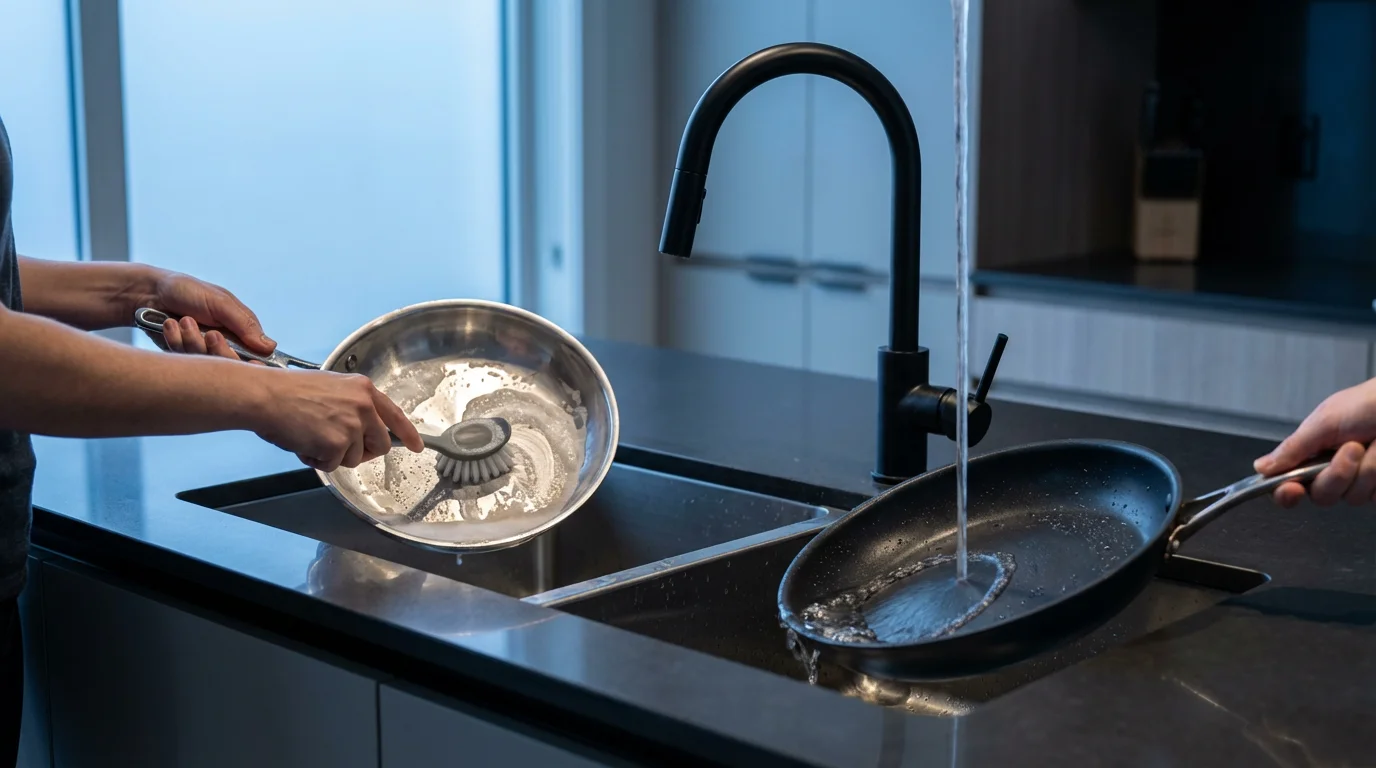 Side-by-side comparison of cleaning a stainless steel pan and a non-stick pan in a sink.