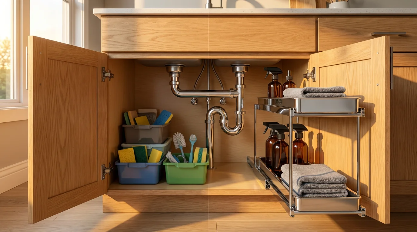 Side-by-side view of budget plastic bins and premium chrome organizers under a kitchen sink.