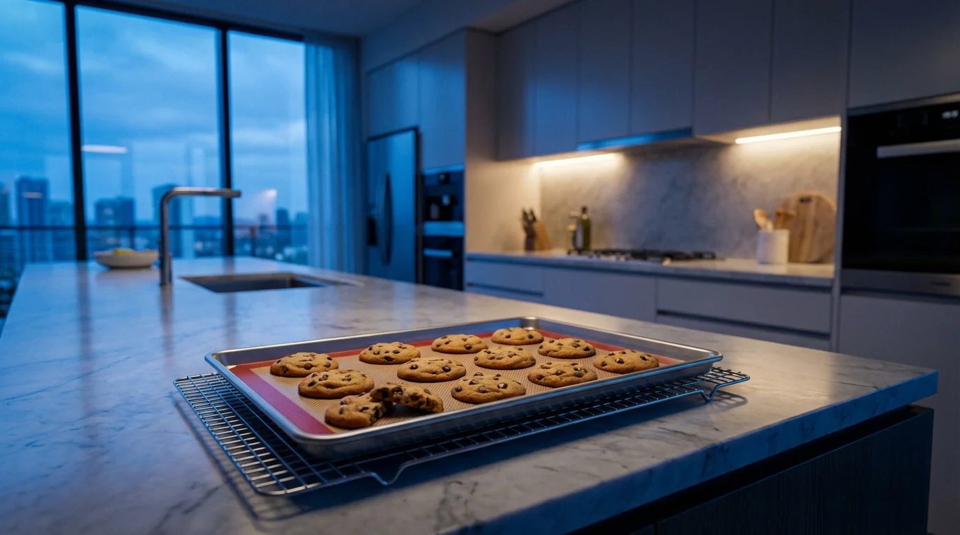 Silicone baking mat with freshly baked cookies on a modern kitchen counter at dusk.