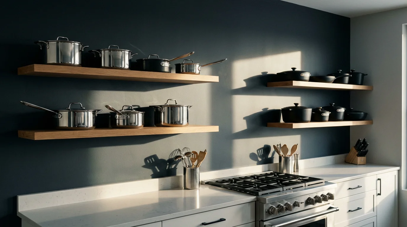 Stainless steel and non-stick cookware arranged on shelves in a modern kitchen with afternoon shadows.