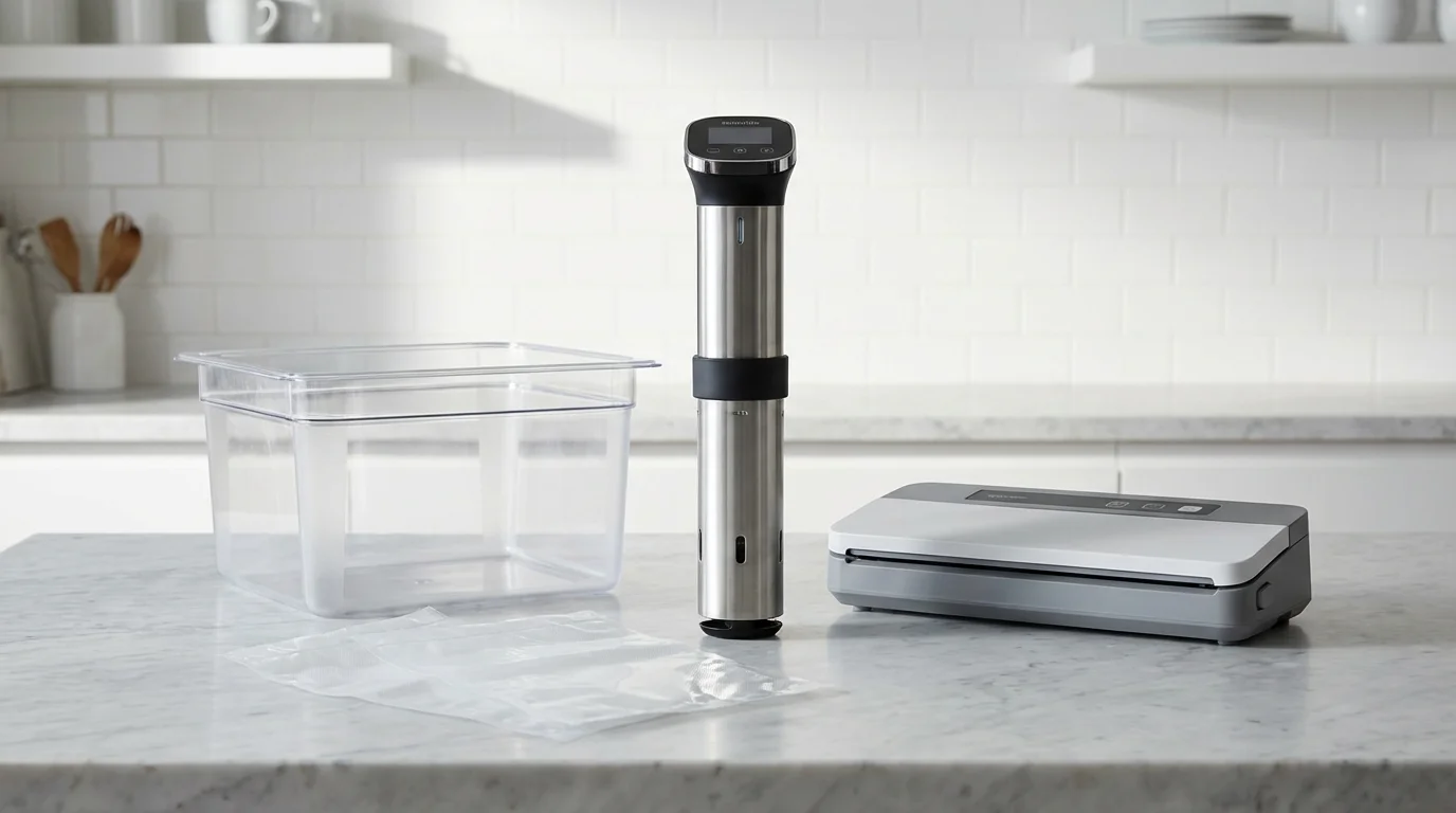 The essential components for sous vide cooking arranged on a clean kitchen counter.