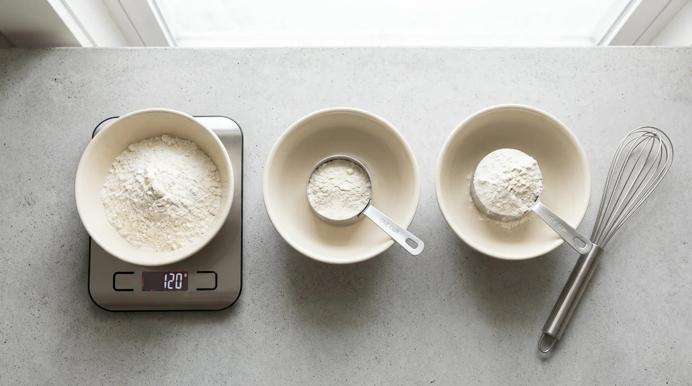 Three bowls of flour, one on a scale and two measured by cup, showing inaccuracy.