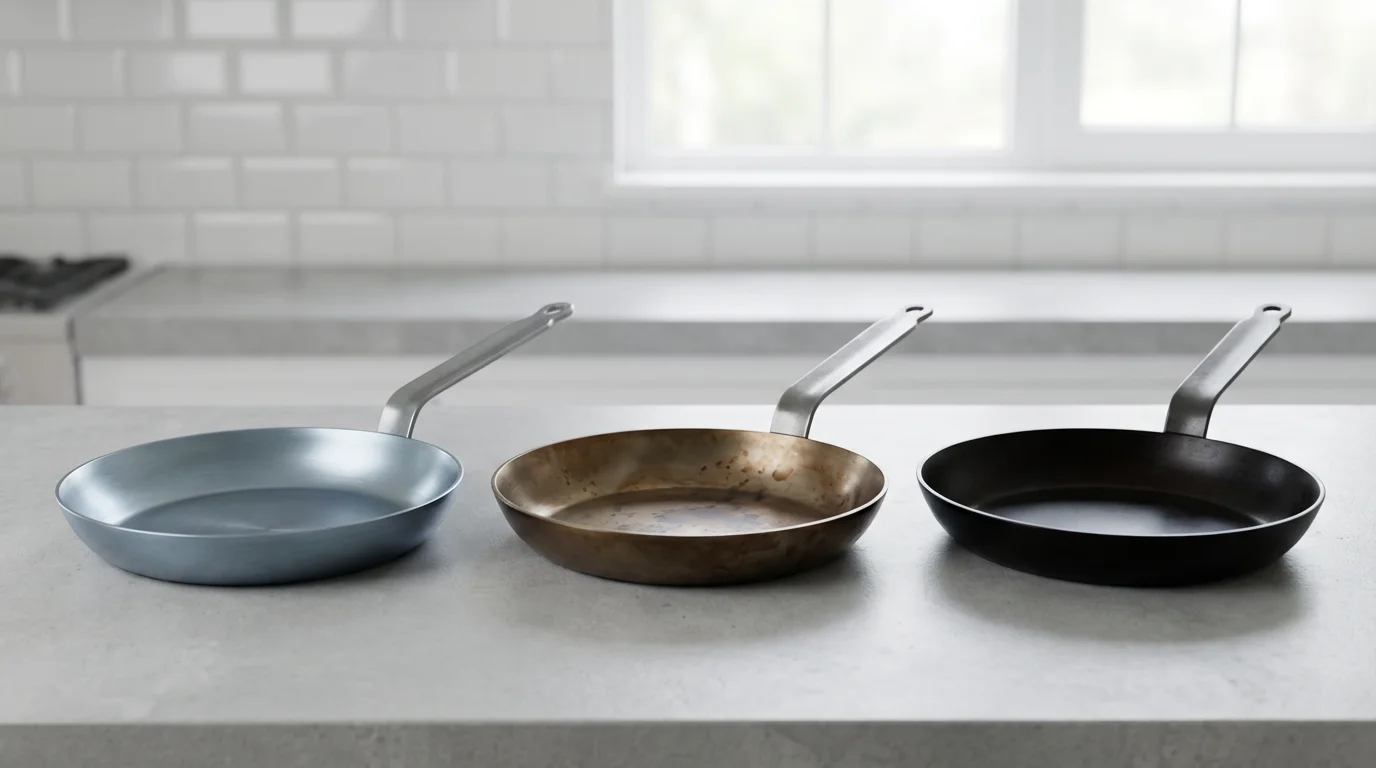 Three carbon steel pans in various sizes and seasoning stages on a modern countertop.