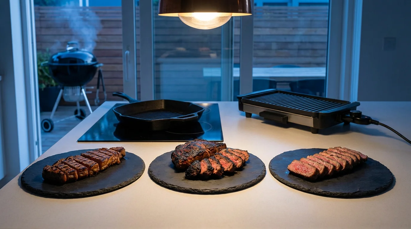 Three cooked steaks on plates comparing results from grill pan, outdoor, and electric grills.