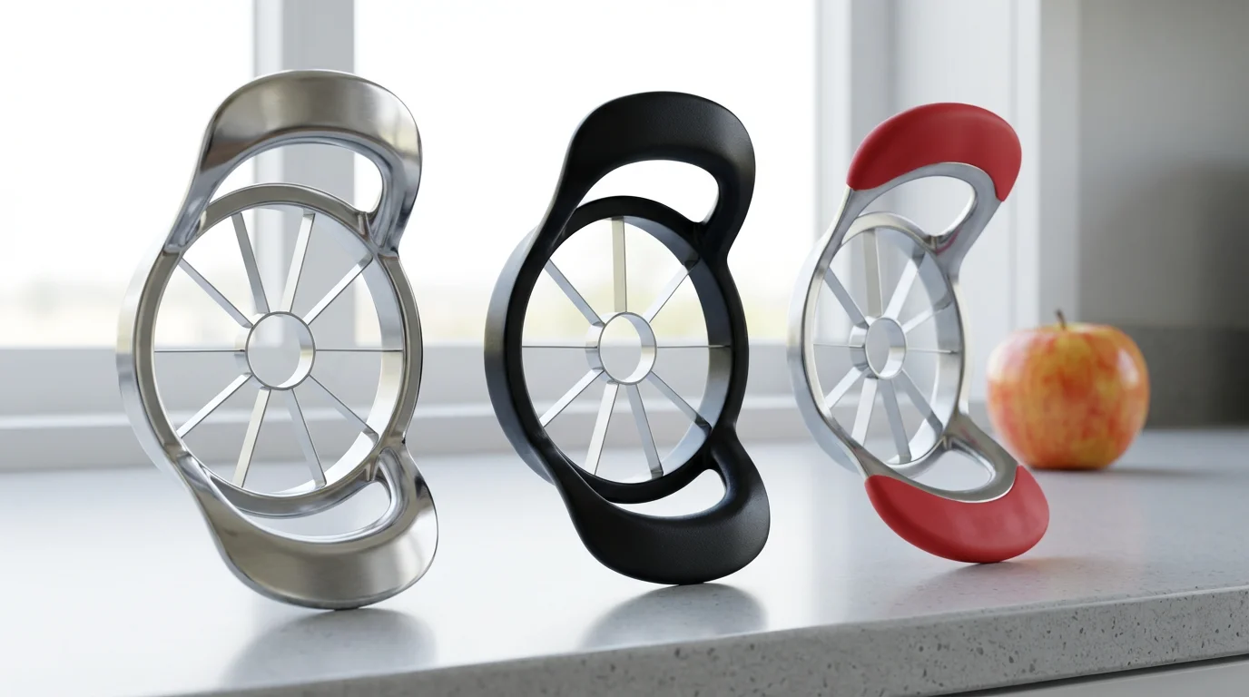 Three different apple slicers made of stainless steel, plastic, and silicone, viewed from a low angle.