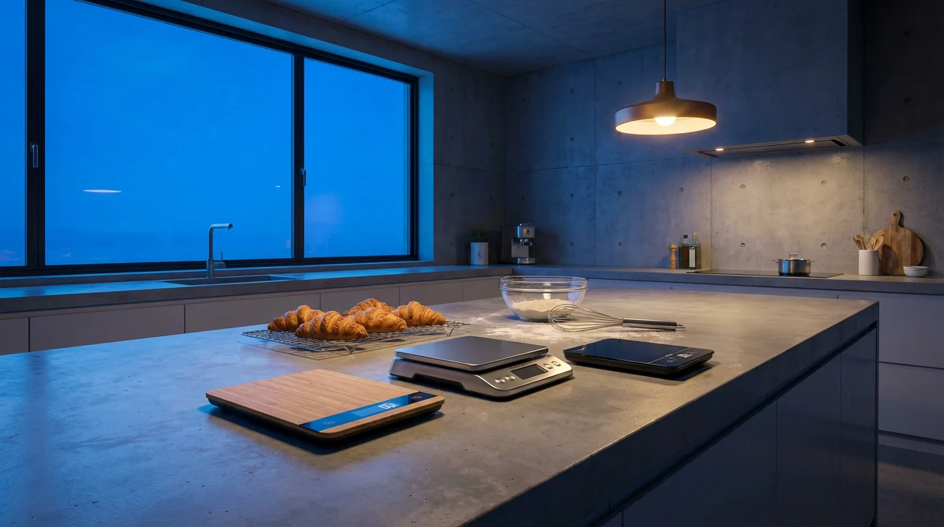 Three different digital kitchen scales on a concrete counter in a modern kitchen.