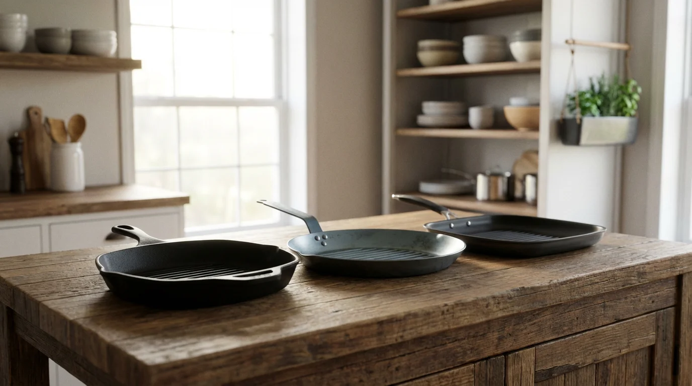 Three different grill pans—cast iron, carbon steel, and non-stick—on a rustic wood kitchen island.