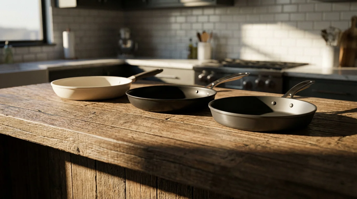 Three different non-stick pans displayed on a wooden kitchen island in afternoon light.