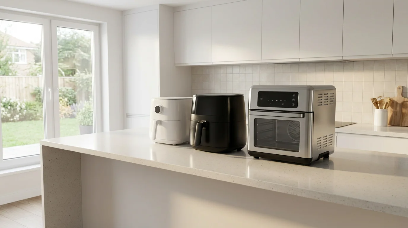 Three different sized air fryers on a modern kitchen counter for size comparison.