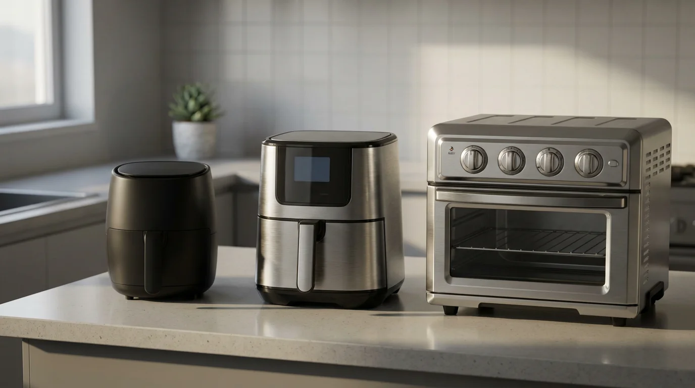 Three different sized air fryers on a modern kitchen counter for comparison.