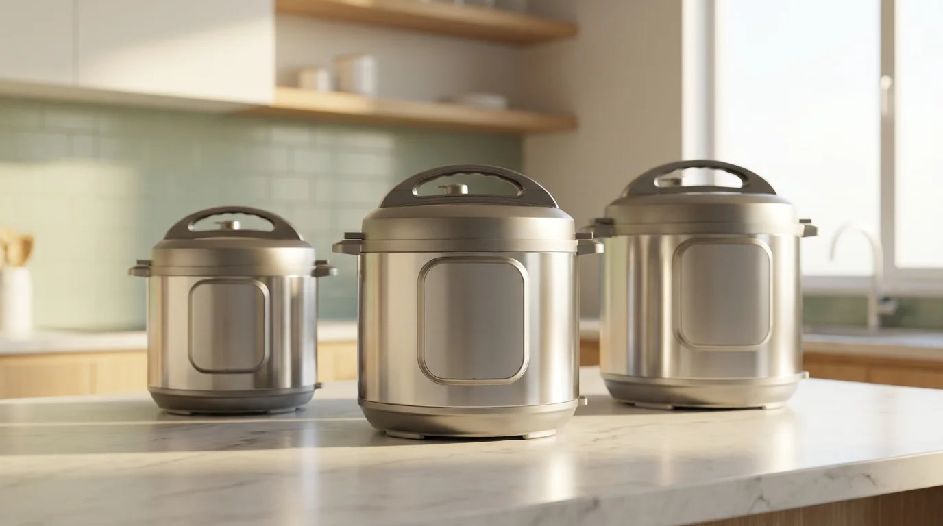 Three different sized electric pressure cookers on a modern kitchen counter in morning light.