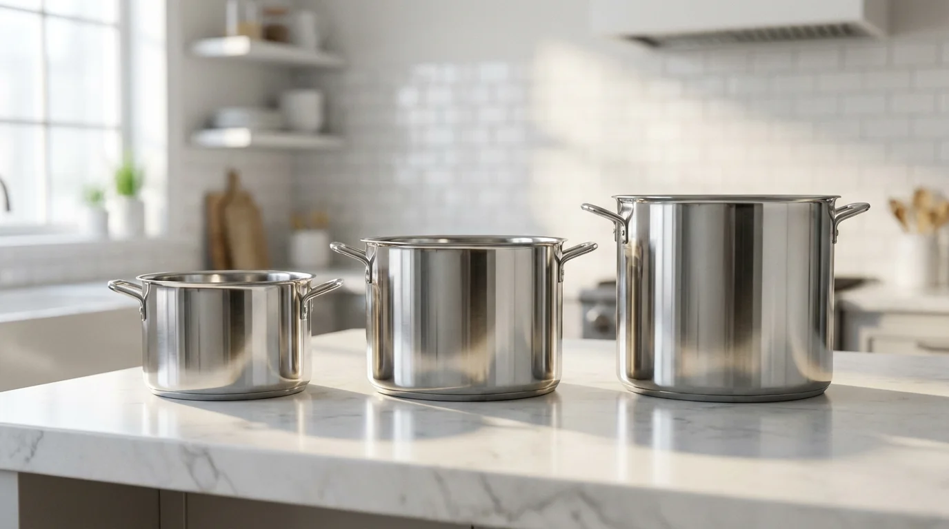 Three different sized stainless steel stockpots lined up on a modern kitchen counter.