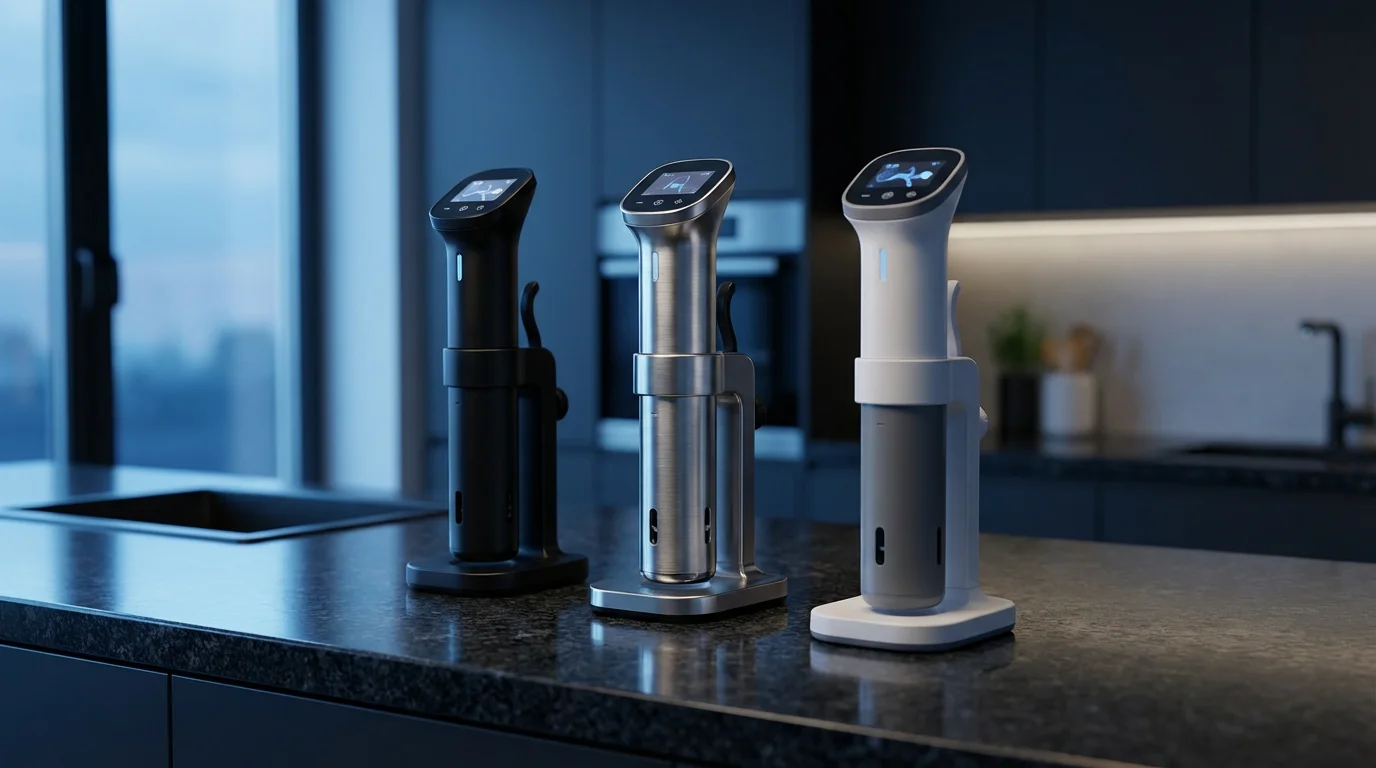Three different sous vide immersion circulators lined up on a dark kitchen counter at twilight.