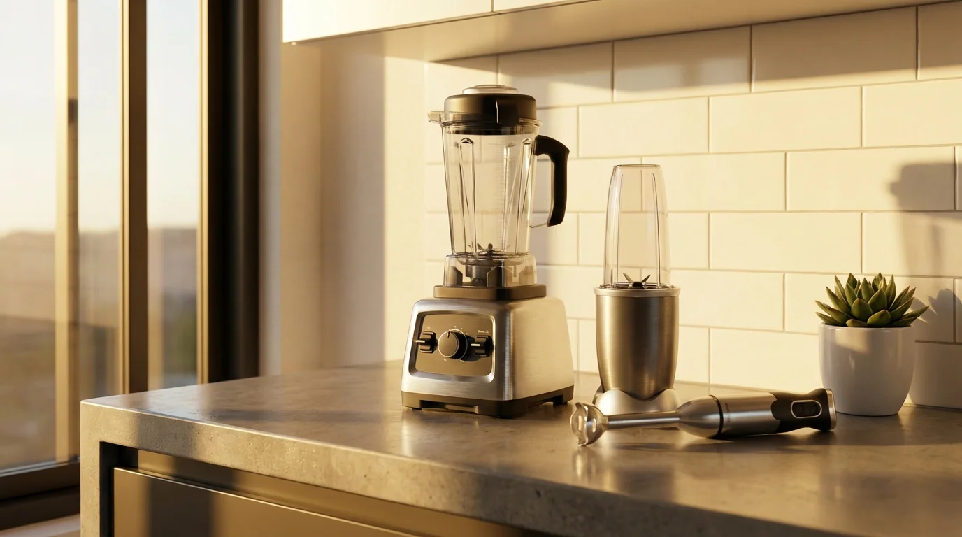 Three different types of blenders displayed on a modern kitchen counter during golden hour.