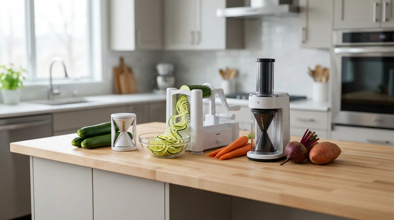 Three different vegetable spiralizer models on a kitchen counter with fresh zucchini and carrots.