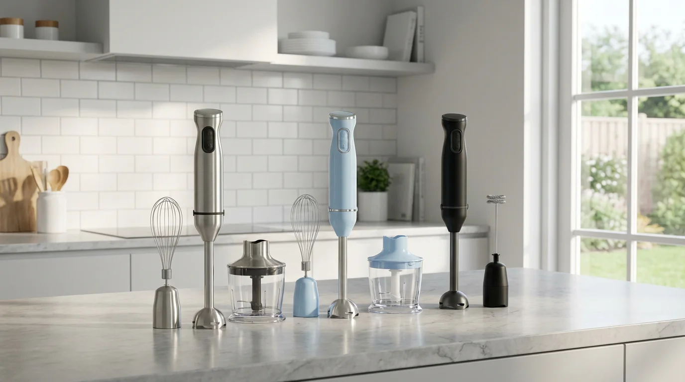 Three distinct immersion blenders with various attachments displayed on a modern kitchen counter.