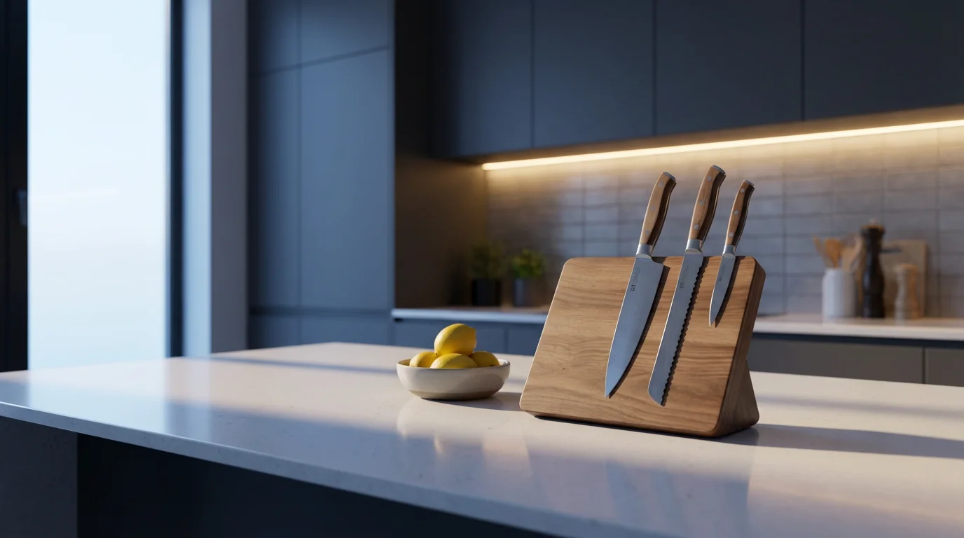 Three essential kitchen knives on a magnetic block in a modern kitchen at dusk.
