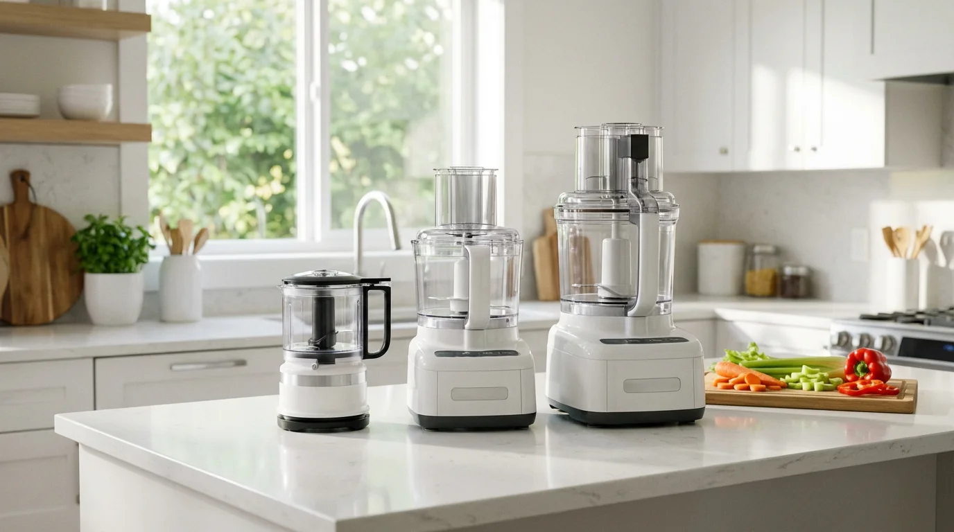 Three food processors of varying sizes lined up on a modern, sunlit kitchen counter.