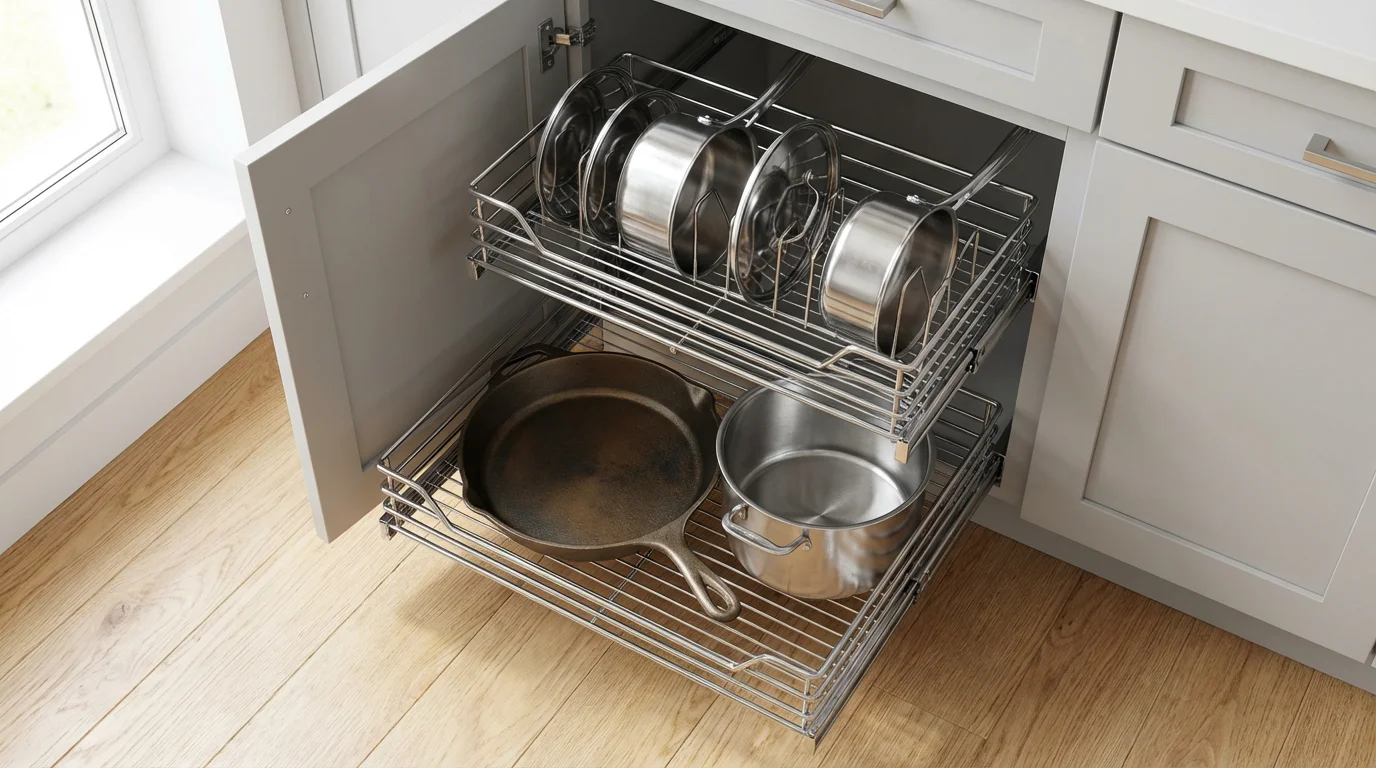 Top-down view of a pull-out cabinet organizer with neatly stored pots and pans.