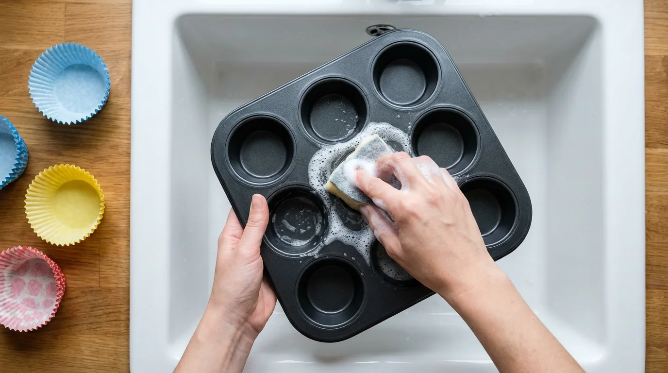 Top-down view of hands carefully washing a dark non-stick muffin pan with a sponge.