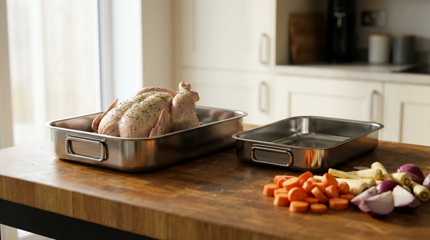 Two different sized roasting pans with a whole chicken and vegetables on a counter.