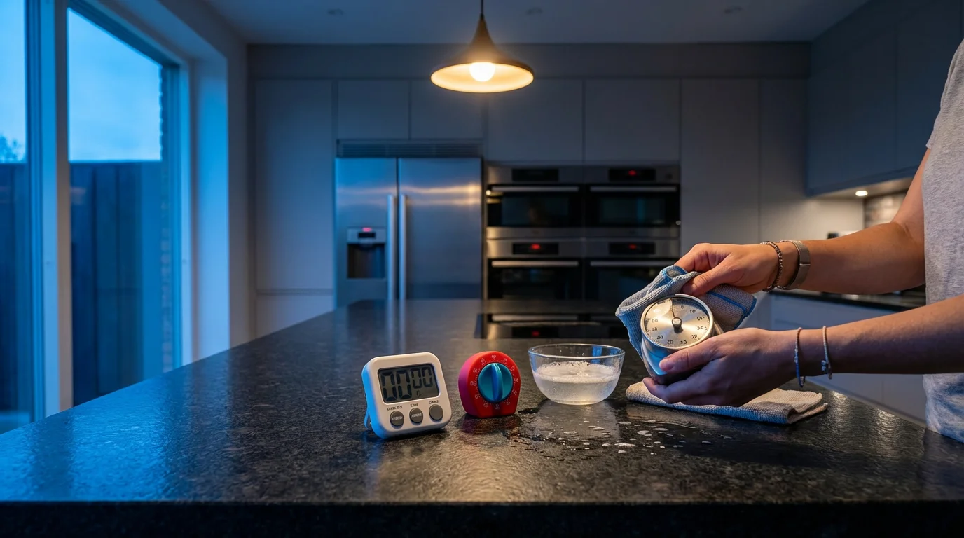 Various kitchen timers made of steel, plastic, and silicone being cleaned on a modern kitchen island.