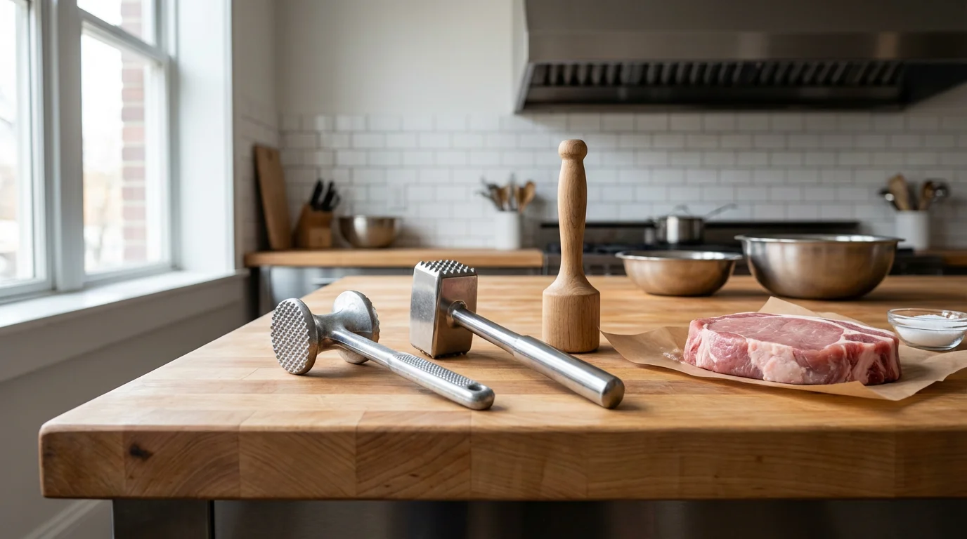 Various styles of meat mallets and a pork cutlet on a kitchen counter.