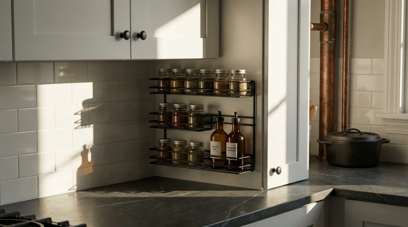 Wall-mounted black metal spice rack on a white kitchen cabinet saving counter space.