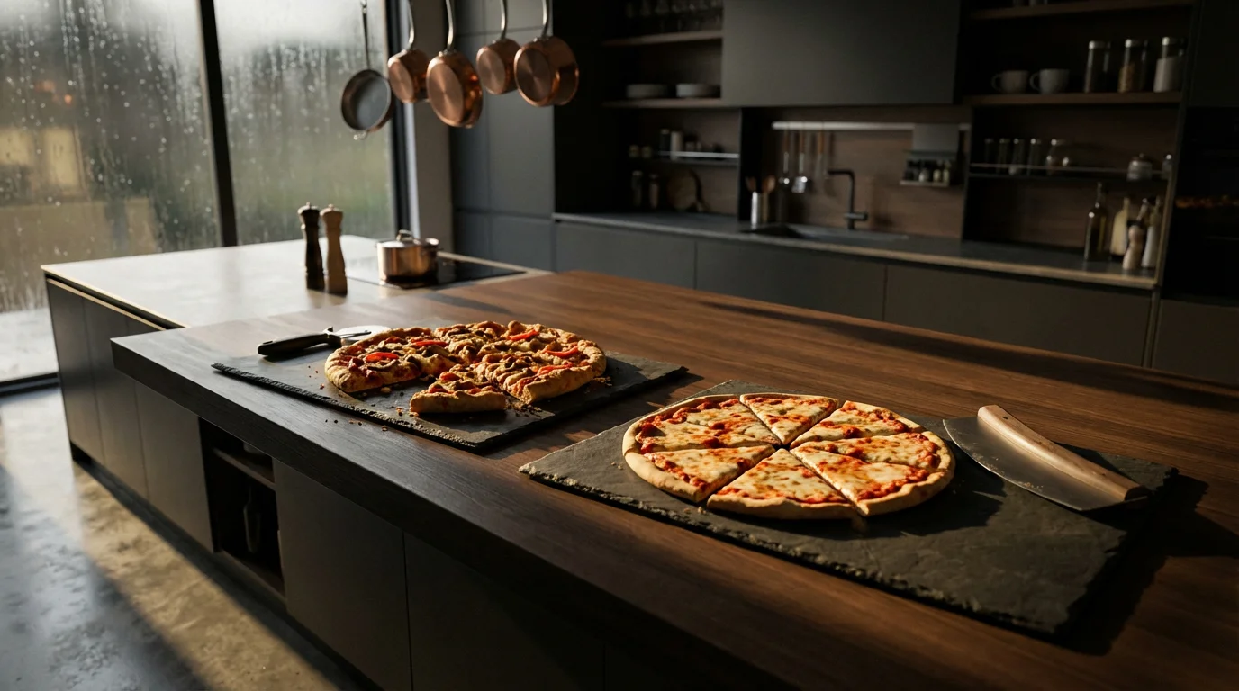 Wide kitchen scene with two pizzas showing the messy vs. clean cutting results.
