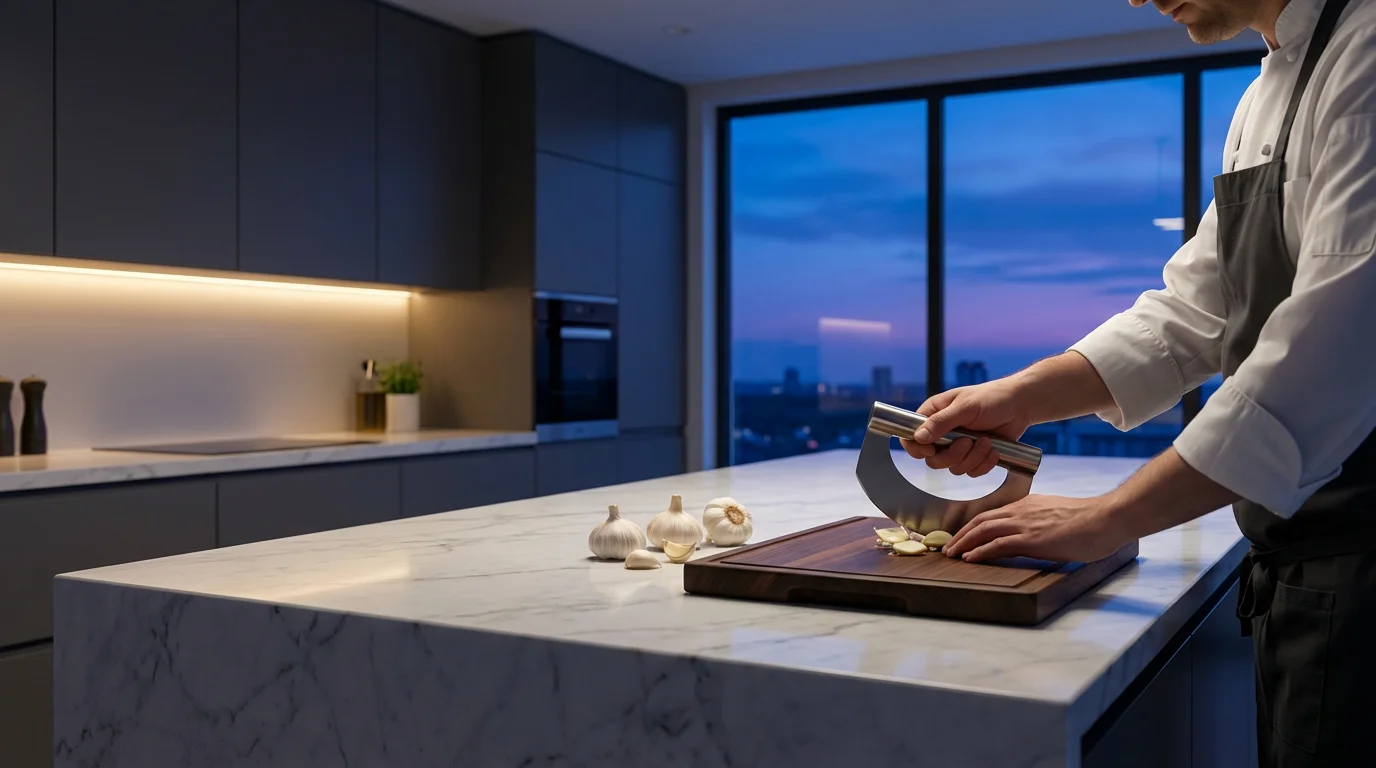 Wide shot of a modern kitchen at dusk with a person using a garlic rocker.