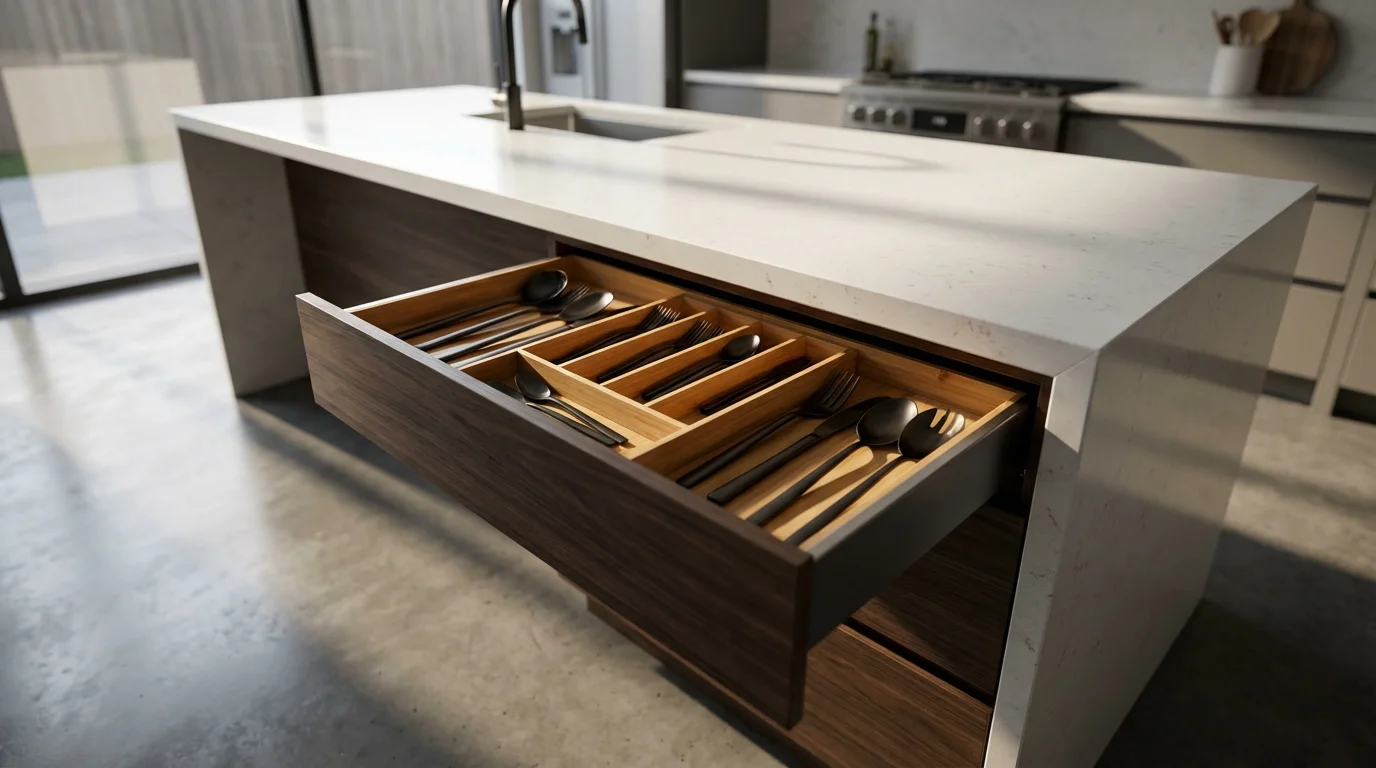 Wide shot of a modern kitchen island with a perfectly organized utensil drawer open.