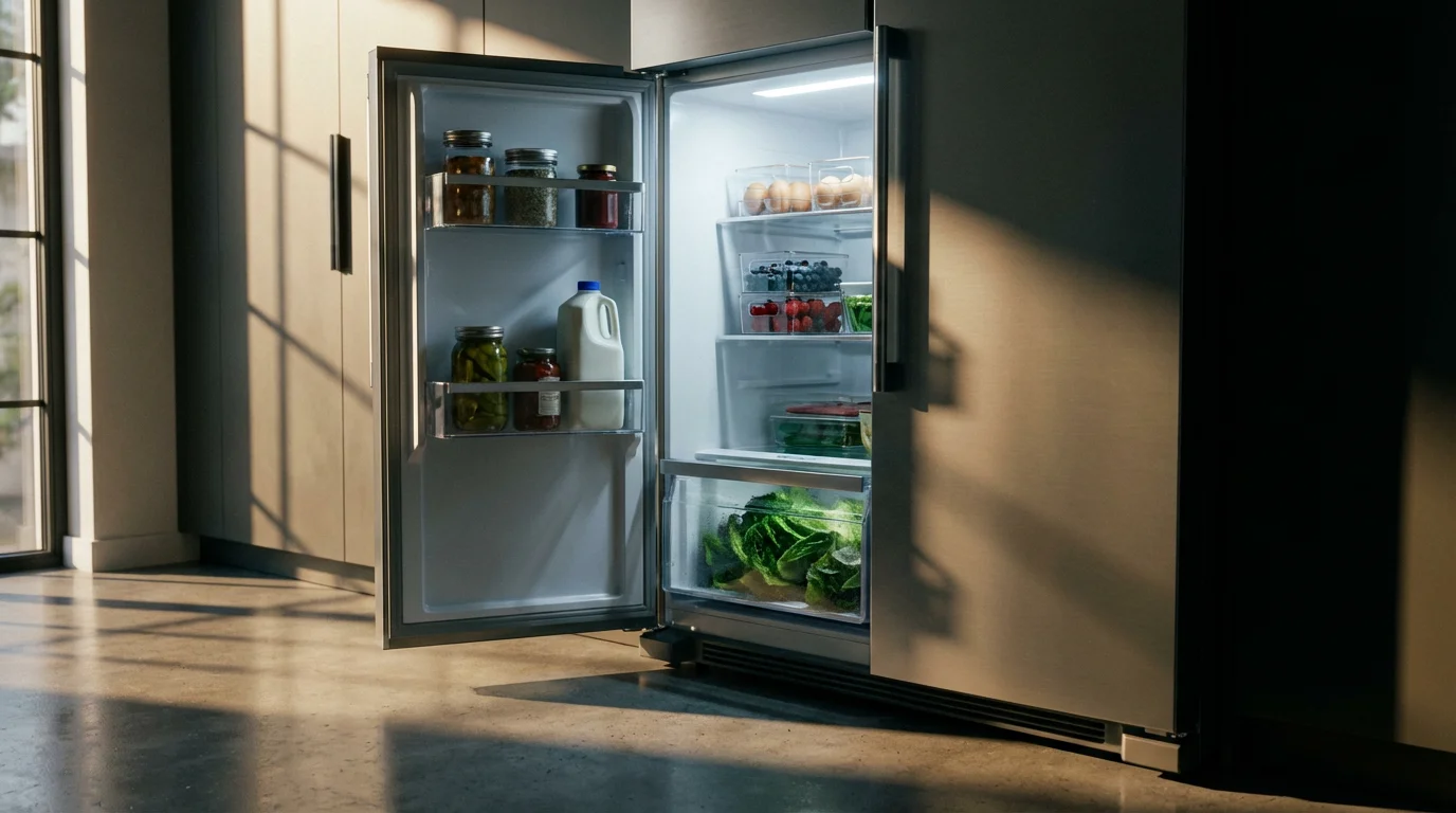 Wide shot of an open, organized refrigerator in a modern kitchen with afternoon shadows.